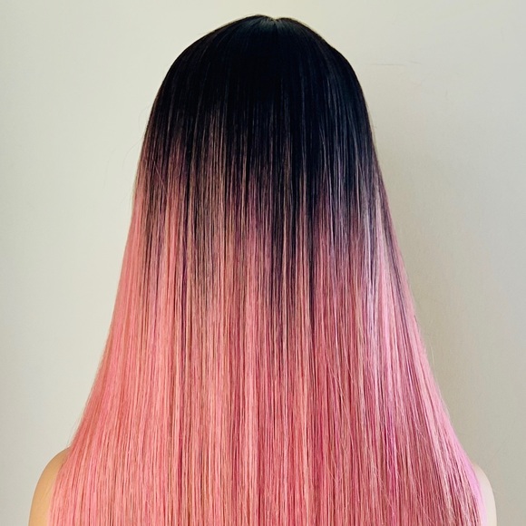 Very Pretty Long Ombre Dark Pink Synthetic Wig with Bangs - Picture 11 of 12
